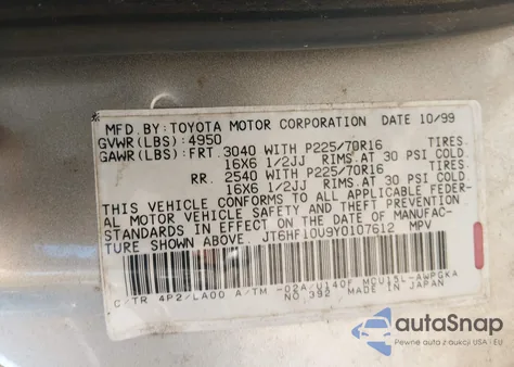 2000 Lexus Rx 300 z USA, uszkodzony, nr VIN JT6HF10U9Y0107612